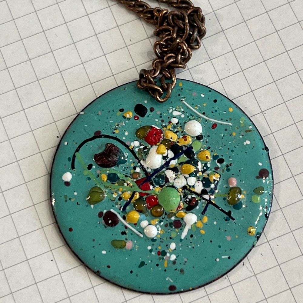 Artisan made Teal Abstract Enamel Pendant Necklace in copper , copper chain